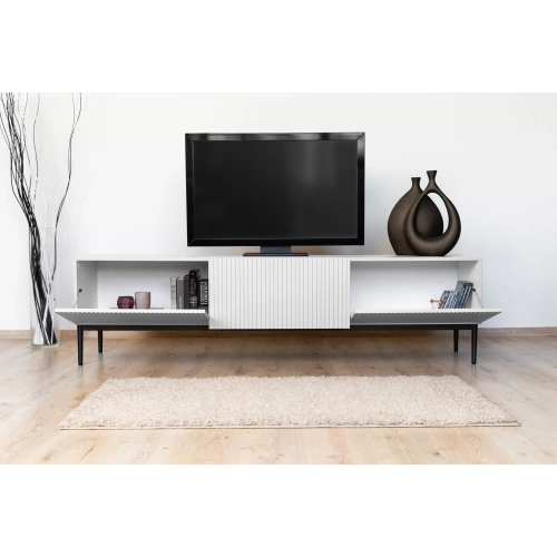 Szafka RTV z szufladą Nicole 200 cm - biały mat / czarne nóżki